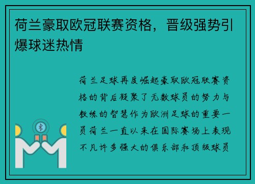 荷兰豪取欧冠联赛资格，晋级强势引爆球迷热情