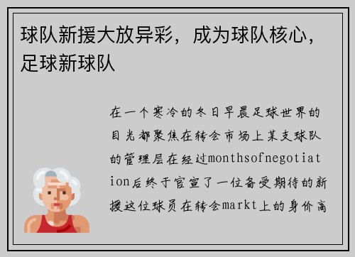 球队新援大放异彩，成为球队核心，足球新球队