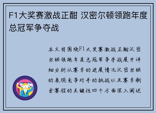 F1大奖赛激战正酣 汉密尔顿领跑年度总冠军争夺战